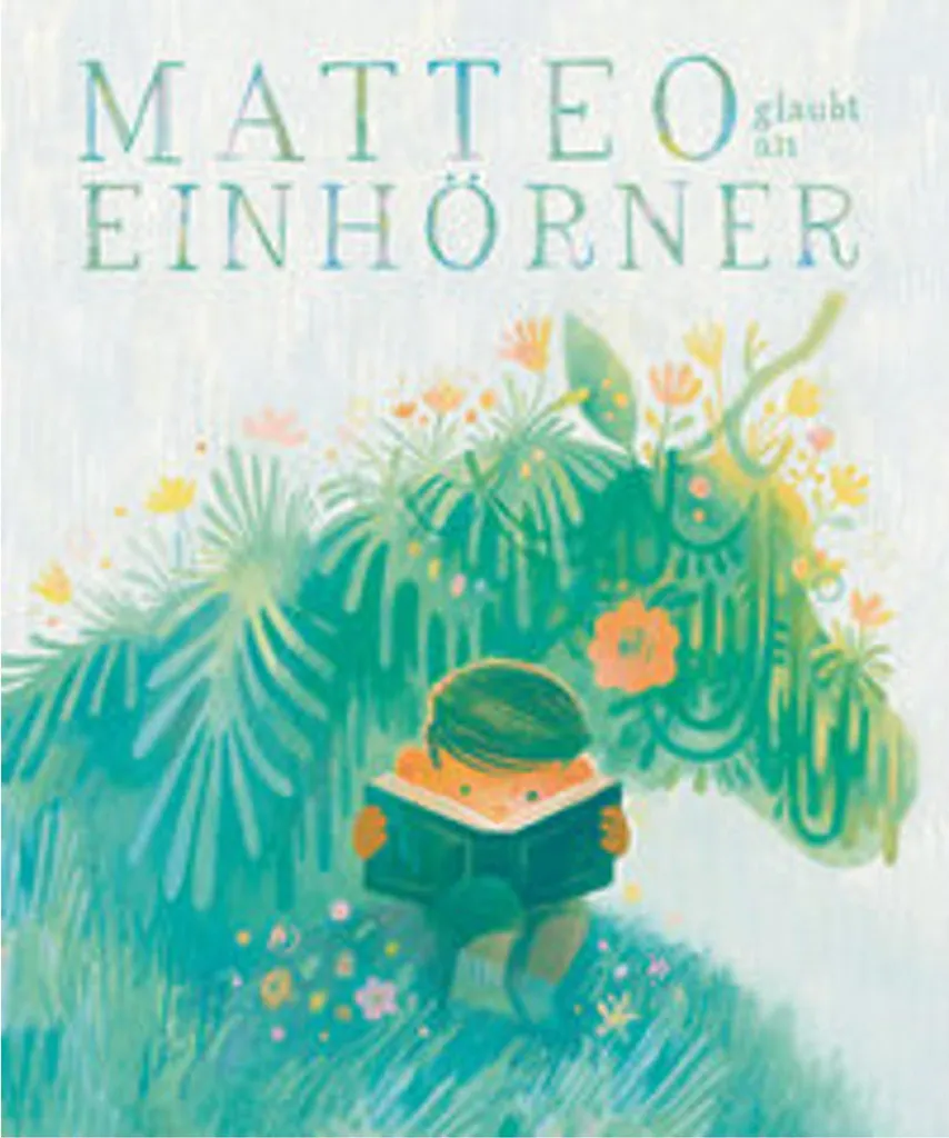 T-shirt Enfant Matteo glaubt an Einhörner en Coton Bio avec Licorne Rose