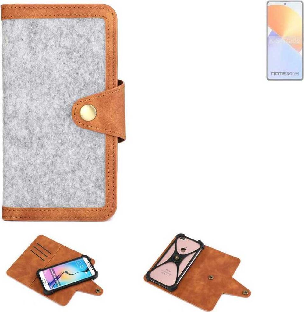 K-S-Trade Handyhülle kompatibel mit Infinix Note 30 VIP Schutzhülle Filz-Hülle Kunst-Leder hellgrau braun (1x)