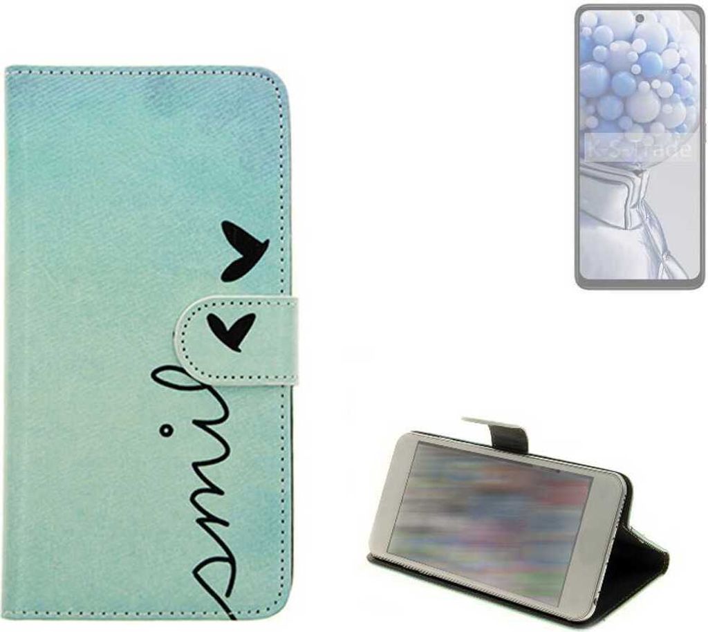 K-S-Trade Schutz Hülle Handy Hülle kompatibel mit HMD Pulse+ Hülle Handyhülle cover bookstyle Etui Handyhülle “smile“ türkis Standfunktion