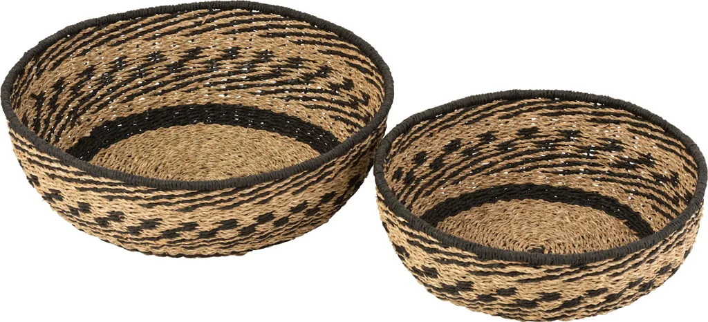 J-Line Set de 2 Paniers Bas en Jonc de Mer Naturel et Noir - Déco Bohème