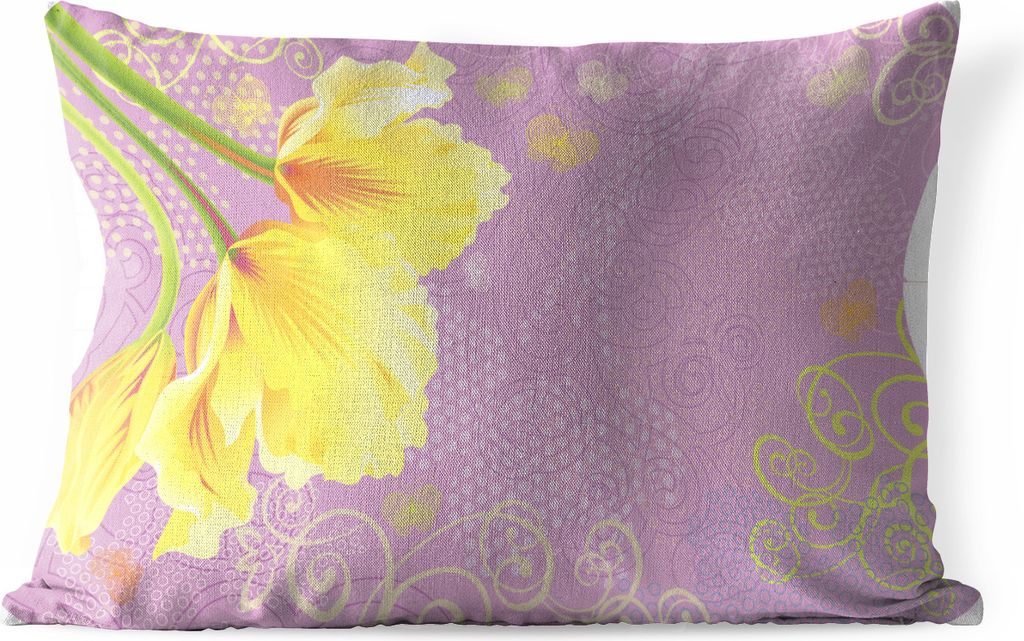 MuchoWow Outdoor Kissen - Eine Illustration von gelben Tulpen auf einem rosa Hintergrund - 50x30 cm - Wetterfest - Lounge Kissen - Sofa kissen - ...