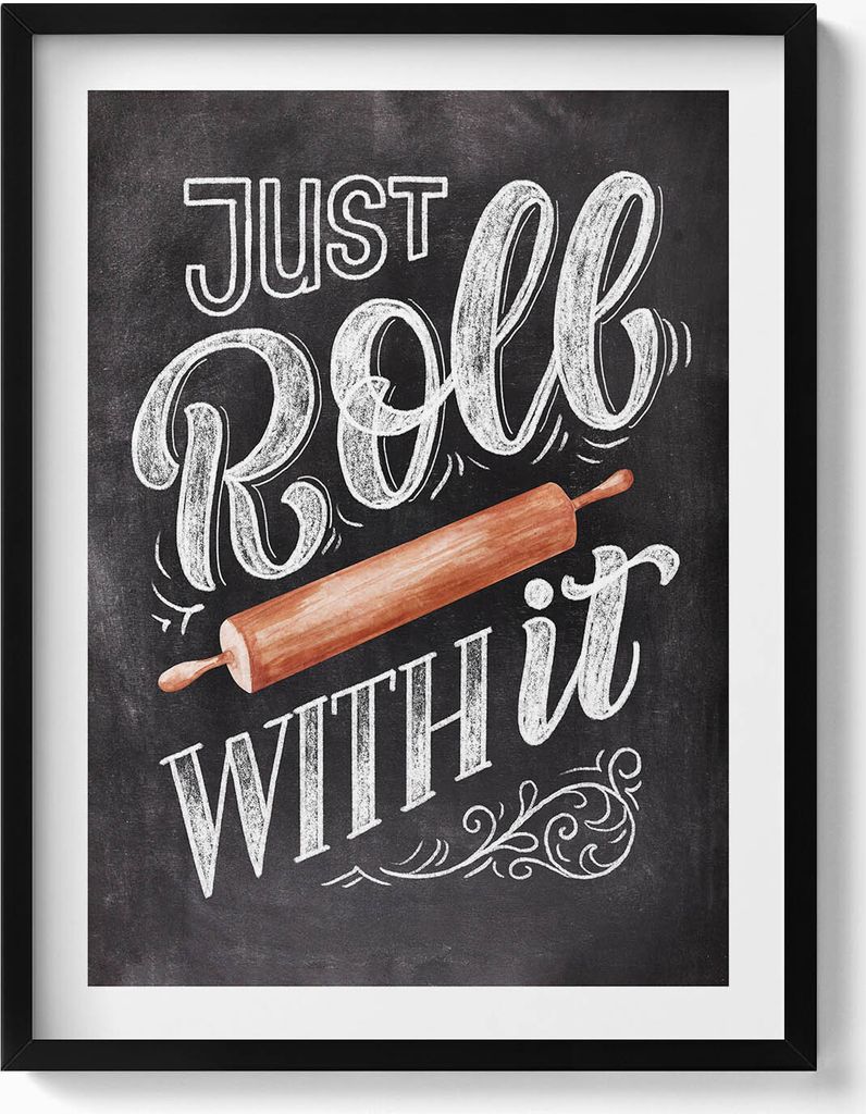 Dekorativer Schriftzug für die Küche „Just roll with it“– Wandbild mit Rahmen – Gerahmtes Bild – Wanddekoration – 60x80 cm – Schwar...