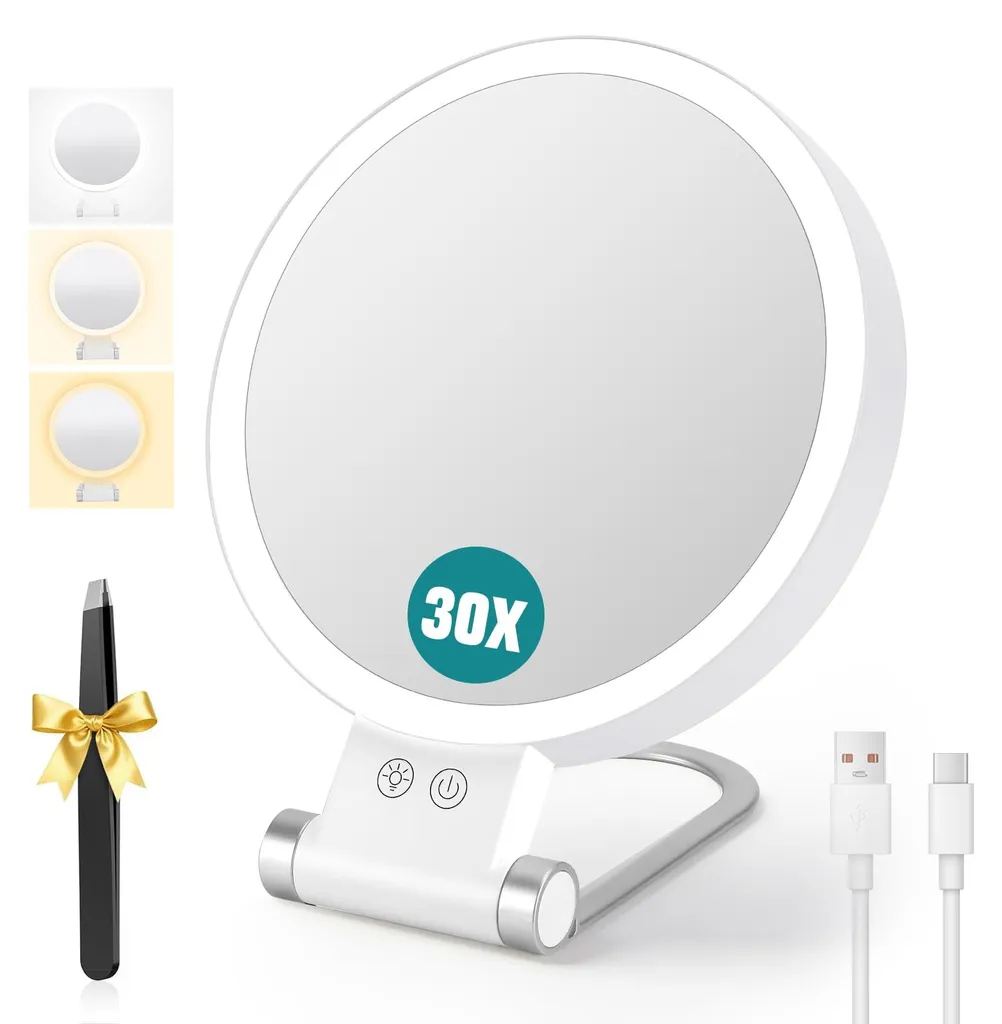 Miroir de maquillage pour voyage et bureau avec LED et zoom 30x