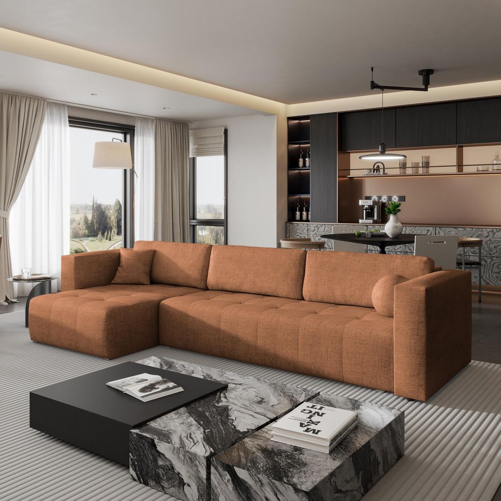 Masseno Ecksofa OLVERA mit Schlaffunktion L-Form, Sofa mit Bettkasten, Wohnzimmersofa, Couch, Soffa, Bettsofa, Couchgarnitur- Orange, NEVE 52