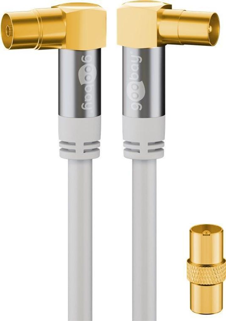 Goobay 70450 TV Antennenkabel (135 dB typ), 4x geschirmt, 10 m, Weiß - vergoldet, Koax-Buchse 90° > Koax-Stecker 90°
