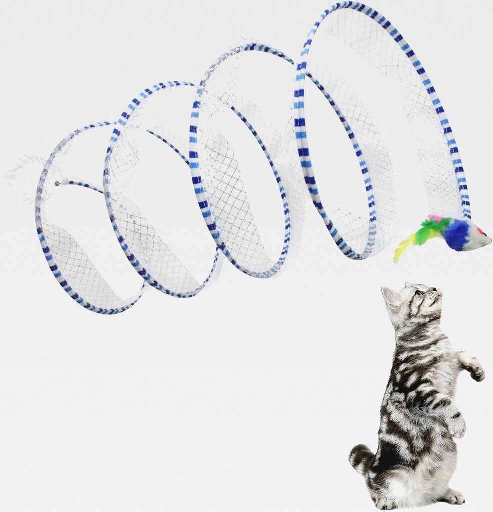 Katzentunnel-Spielzeug, 25,4 cm, faltbares Metall-Katzen-Federspielzeug mit Nylon-Netz, Feder, Maus und Glocke, interaktives Katzenspielzeug für I...