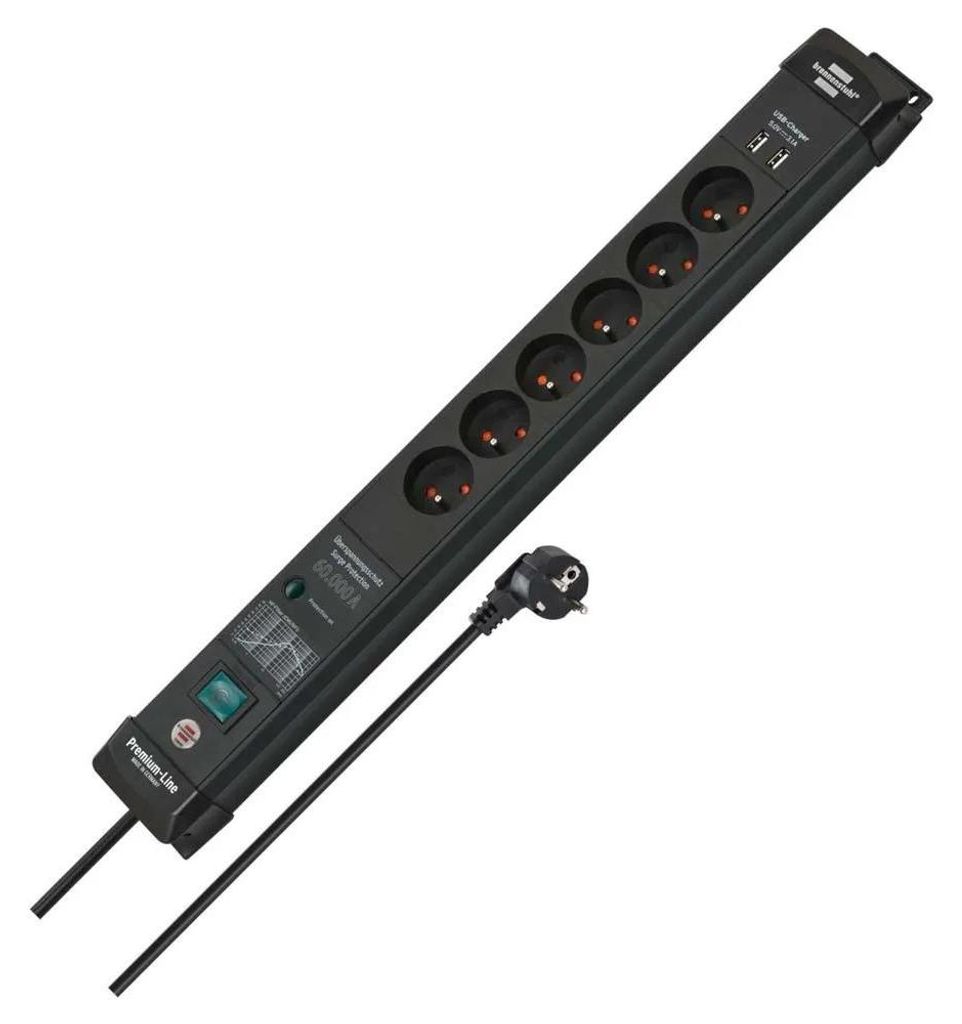 Brennenstuhl Premium-Line, Stromverteiler, 6 Steckdosen, 3,0m, schwarz, 2x USB, mit Schalter und Überspannungsschutz (1951164603)