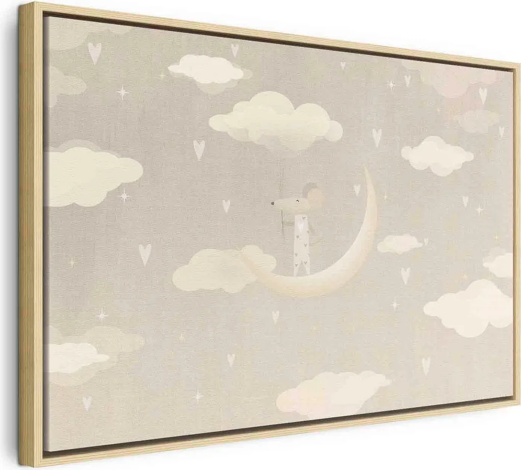 Italienischer Leinwand Leinwandbild - Piccolo conquistatore - Un topolino in pigiama sulla luna tra le nuvole 60x40 cm Für Kinder e-A-10136-b-a