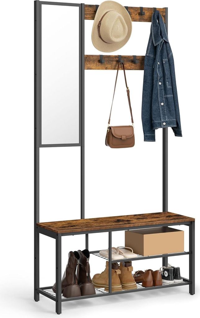 Songmics Garderobenständer mit Spiegel Schuhbank Vintagebraun Schwarz