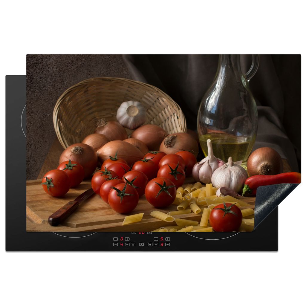 KitchenYeah Herdabdeckplatte Schneidebrett - Gemüse - Stillleben - Pasta - Aus - Tomate - Schneidebrett , 80x52cm, Küche Deko, Glaskeramikkochf...