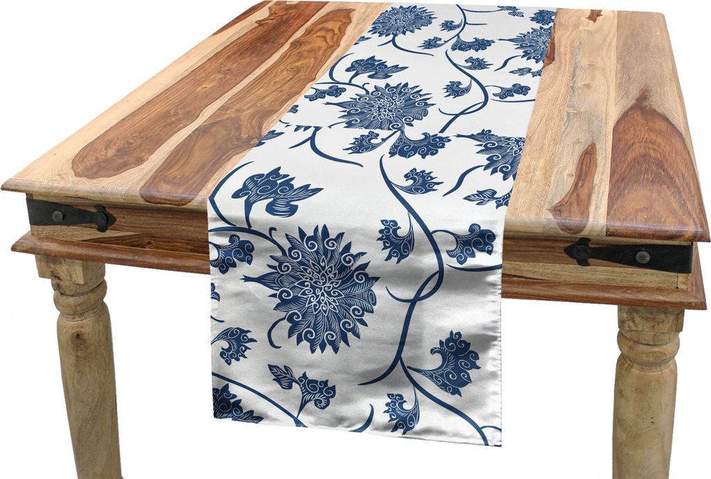 ABAKUHAUS Blau Tischläufer, Chinesischer Garten Traditionelle, Esszimmer Küche Rechteckiger Dekorativer Tischläufer, 40 x 300 cm, Blau Weiss
