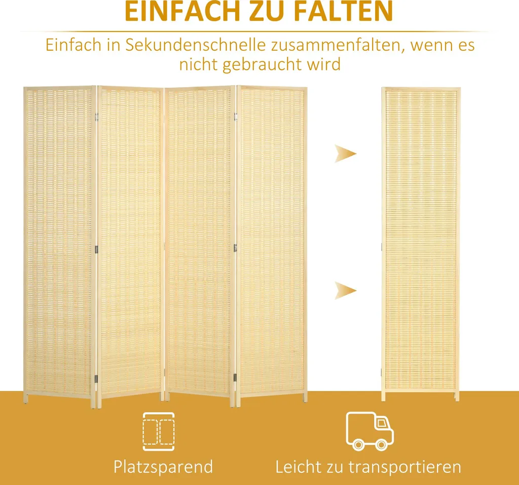 Fortuna Lai Paravent 4 Panneaux 180x180 cm Cloison de Séparation Bambou