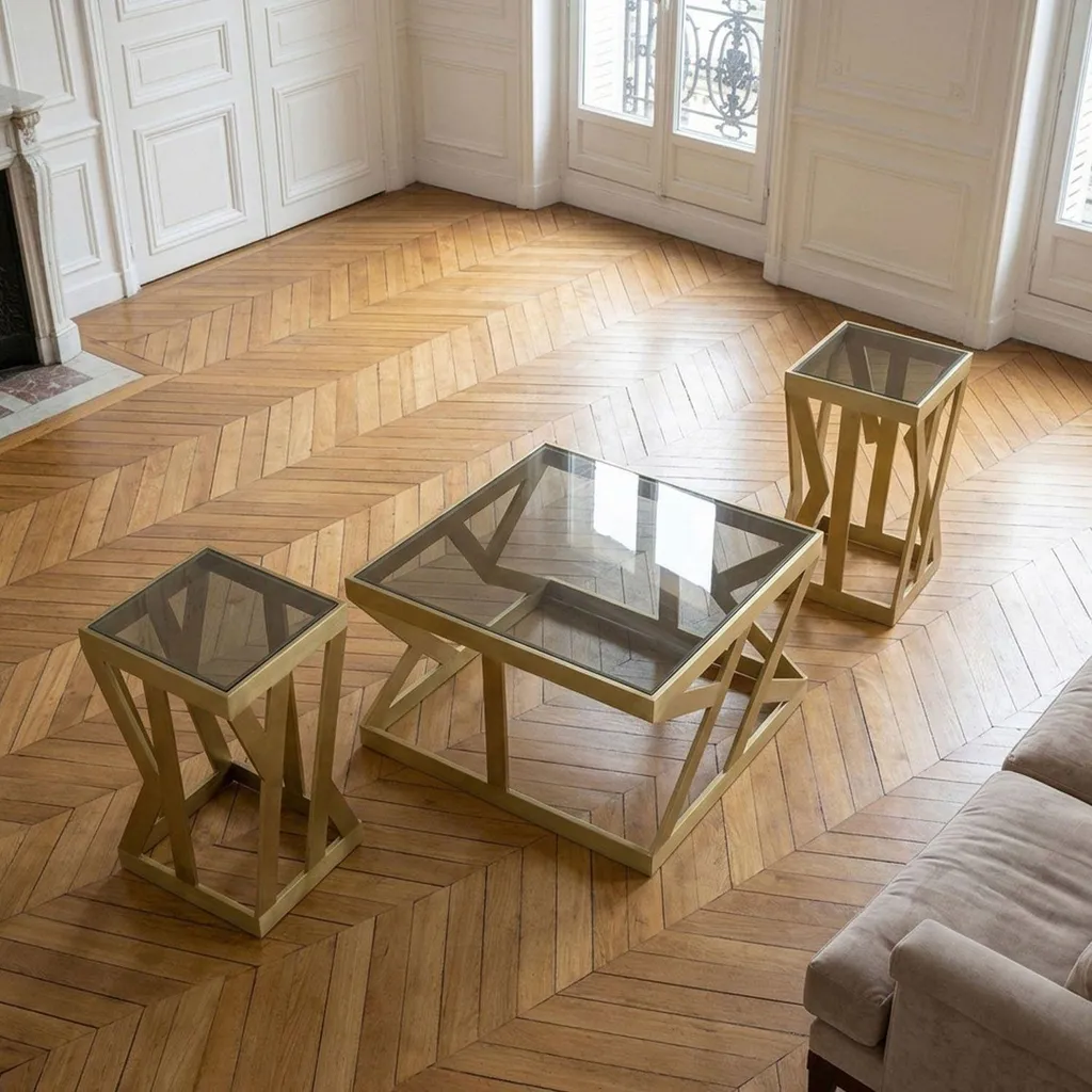 Table de salon Zendaya verre fumé lot de 3 avec pieds métal doré