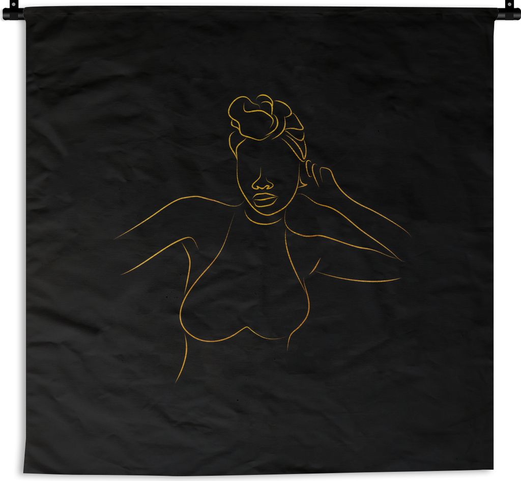 MuchoWow Wandteppich Wandbehang Frau - Kopftuch - Strichzeichnung - Gold 150x150 cm Tapisserie Dekoration Wandtuch - Wohnaccessoires - Modernes