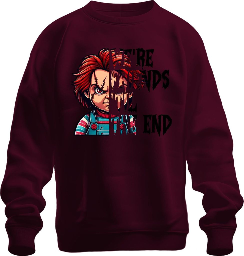 Chucky Puppe Horror Grusel Halloween Narbe Latzhose Rot Haar Uni Sweatshirt Pullover, Burgundy, 3XL