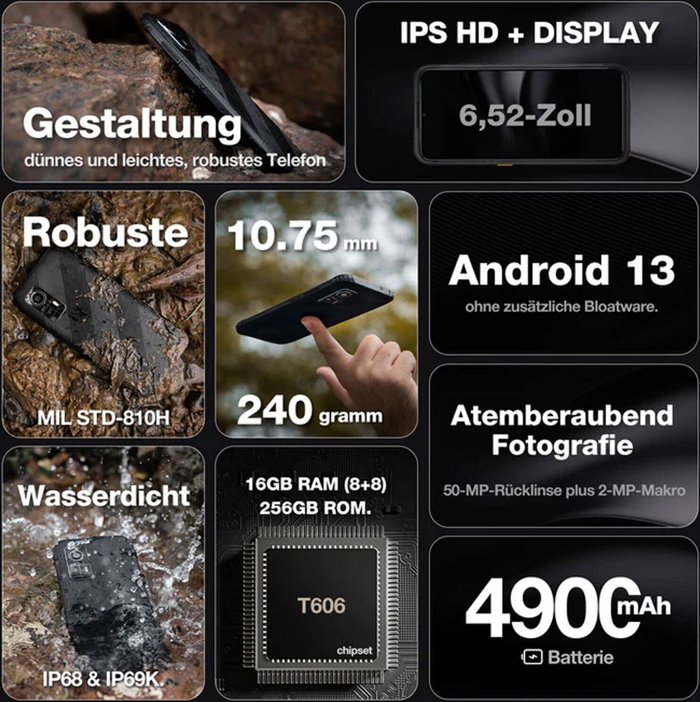 Collage of marketing images and text highlighting features of a rugged smartphone.