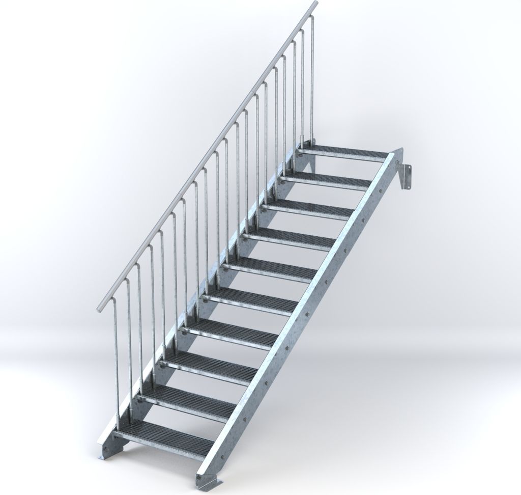Stahltreppe 10 Stufen bis Höhe 200 cm, Laufbreite : 80 cm Geländer links ST 2 (31 / 31 mm gezackt)