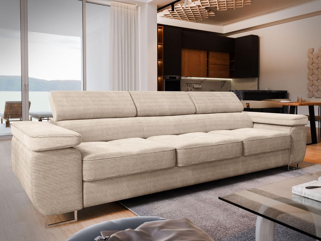 Sofa MOSINE Creme Kordstoff mit Schlaffunktion, Produktbild 