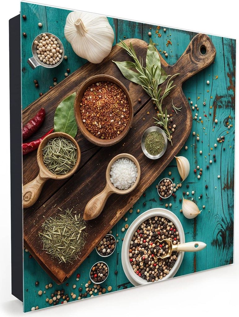 Nachbildung-Schlüsselkasten, Magnetpinnwand und Memoboard mit Glasfront Motiv Küchenzutaten Holztisch