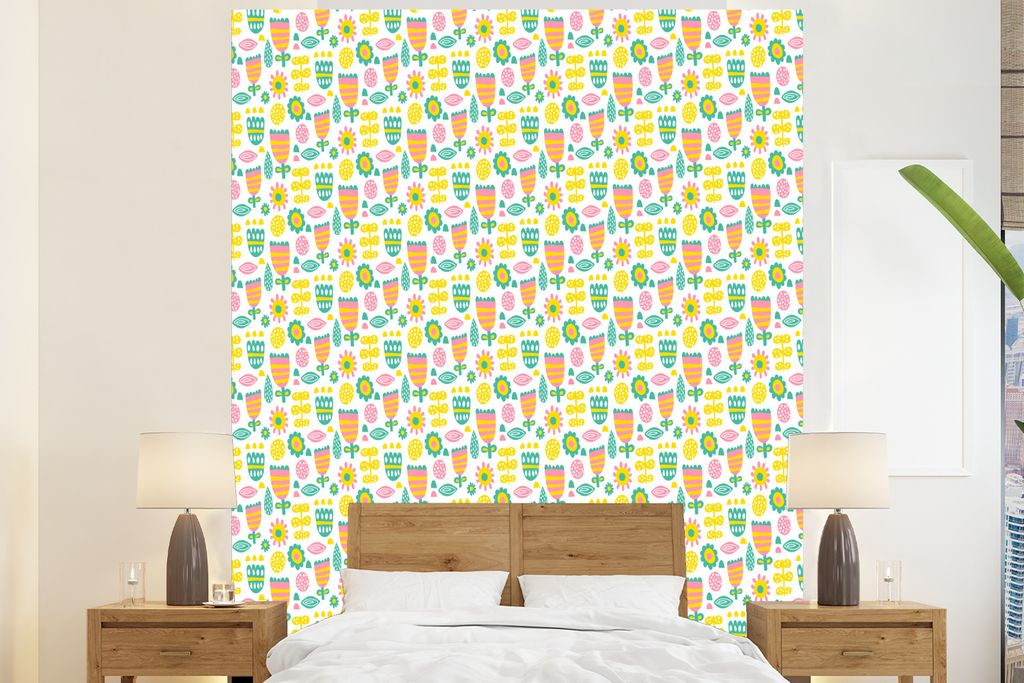 MuchoWow Fototapete für Wohnzimmer oder Schlafzimmer Wandtapete Vinyl Motivtapete Skandinavisch - Blumen - Frühling - Muster - 210x260 cm - Wan...