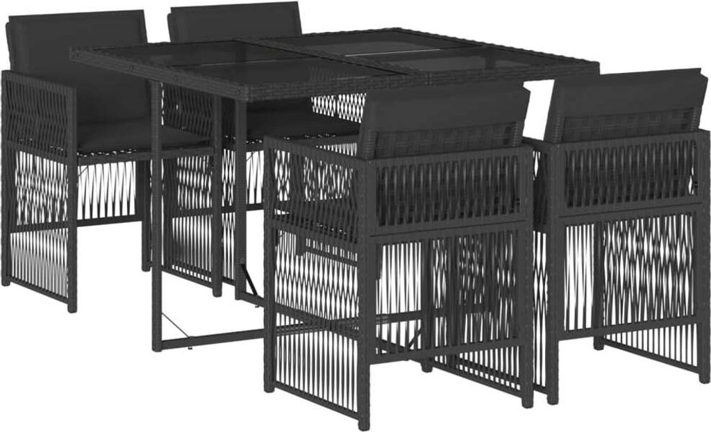 5-tlg. Garten-Essgruppe mit Kissen Schwarz Poly Rattan