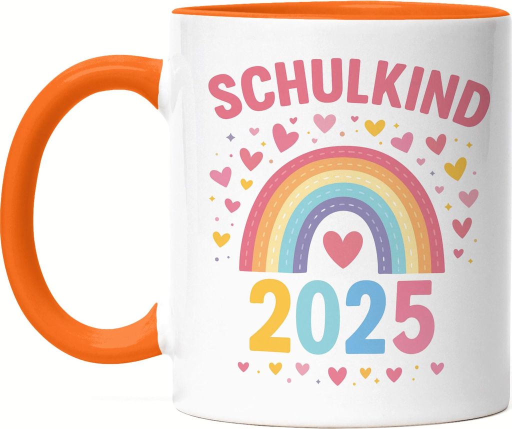 Schulkind 2025 Regenbogen Motiv Tasse Orange Geschenk Einschulung buntes Herz Motiv Kinder Einschulung 2025