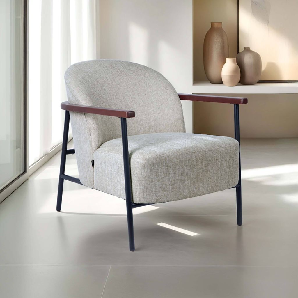 Relaxsessel aus Stahl Holz und beigem Stoff - Oviala Lenny