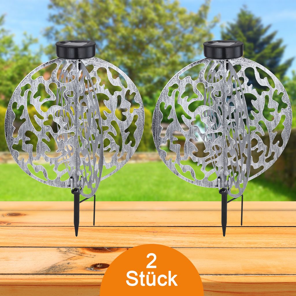 Solarleuchte Garten 2er Set Rund Silber Solarlampe Außen Außenleuchte Solar