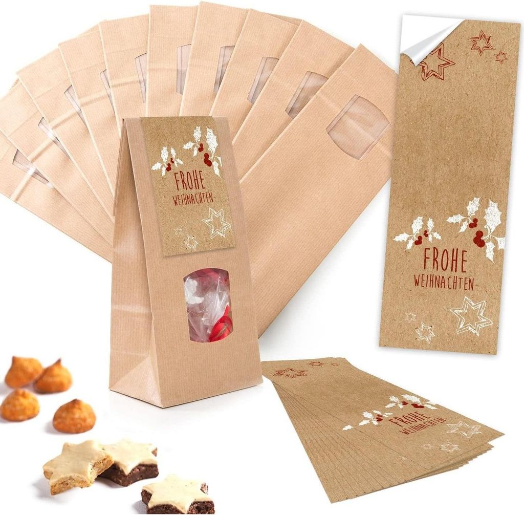 10 Stück kleine braune Block-Bodenbeutel MIT FENSTER + Pergamin-Einlage 10,5 x 6,5 x 29 cm + 10 beige weiße WUNDERBARE WEIHNACHTEN Weihnachts-Auf...