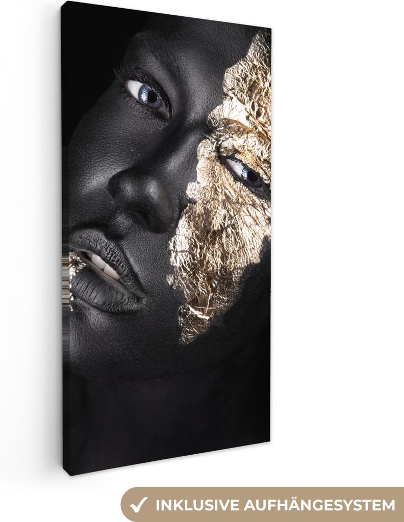 MuchoWow - Leinwandbilder - Frau - Gold - Schwarz - Farbe - Luxus, Wandbild, Wanddeko Bilder Wohnzimmer, 40x80 cm
