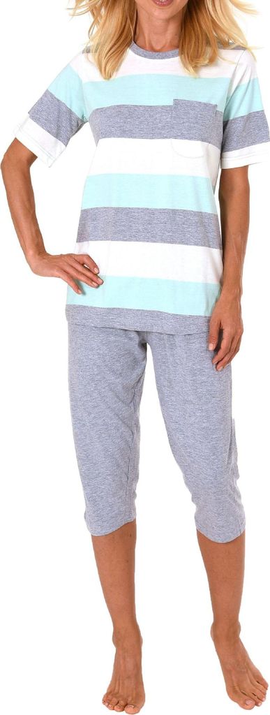 Damen Pyjama kurzarm mit Capri Hose in toller Blockstreifen Optik - auch in Übergrössen ; hellblau , 60