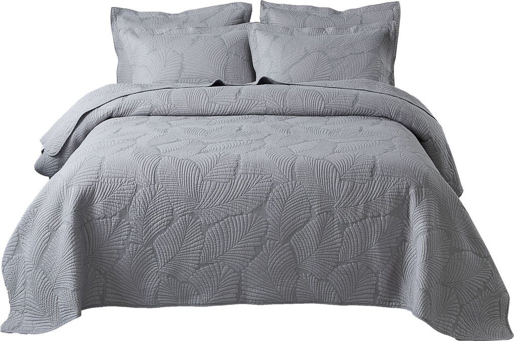 Gesteppte Tagesdecke Set 3-teilige reversible Patchwork-Bettdecken Weiche gebürstete Mikrofaser-Doppelkönigin-Steppdecke mit 2 Kissenbezug(Gray)