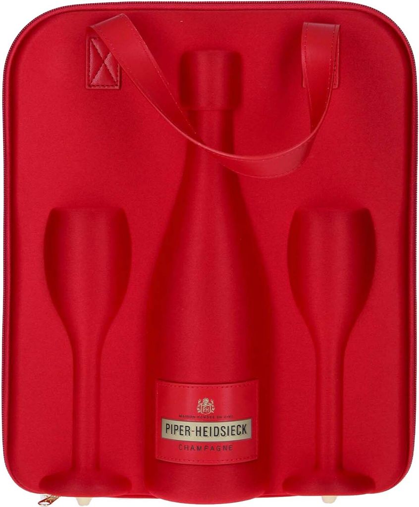 A red gift set containing a bottle of champagne and two glasses, presented in a red travel case.