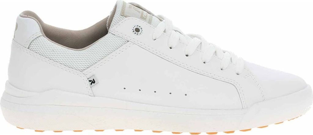 A side view of a white leather sneaker.