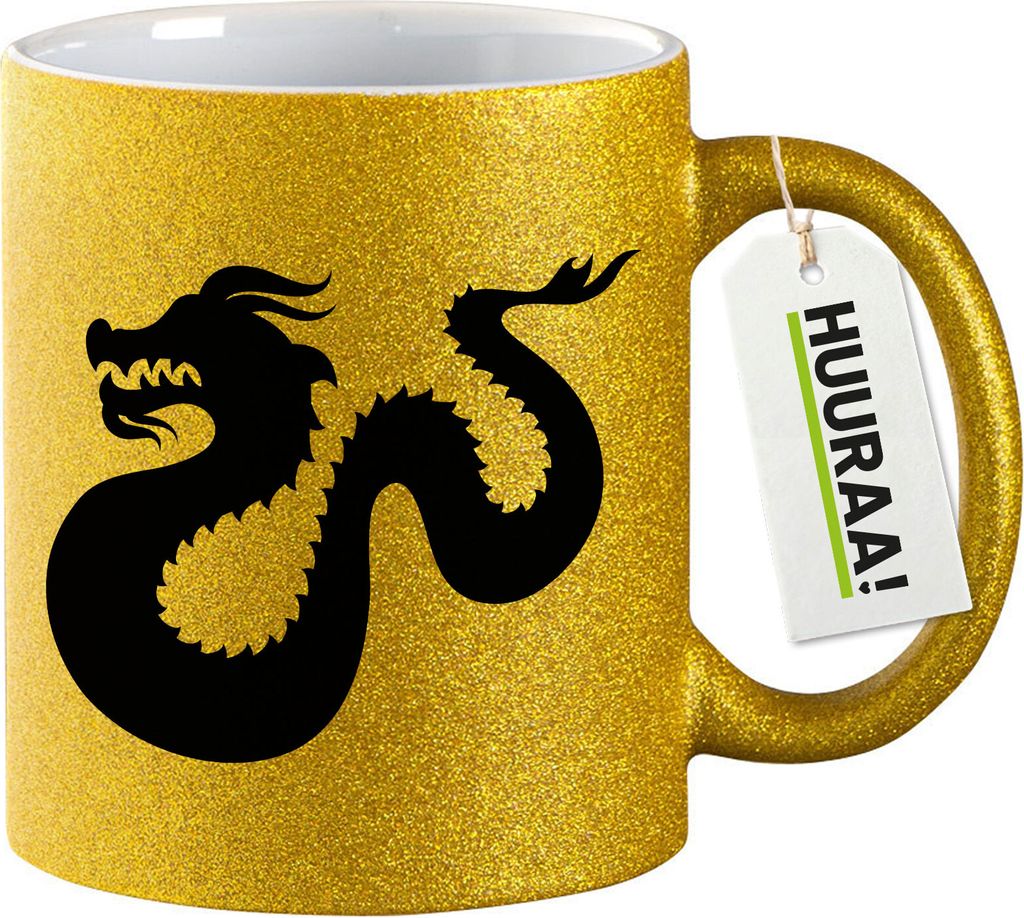 Huuraa Glitzertasse Dragon Silhouette 330ml Gold Keramik Kaffeebecher Geschenkidee