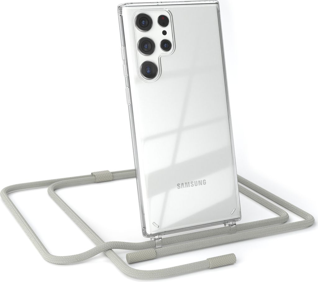 EAZY CASE Handykette für Samsung Galaxy S22 Ultra 5G, Clear Case aus Silikon, mit Umhängeband, abnehmbare Endstücke, Handyband in Beige