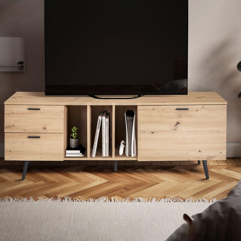 WOHNLING Lowboard Eiche-Nachbildung 150x55x40 cm TV-Kommode Modern TV-Schrank Hoch Fernsehtisch Fernsehschrank mit Tür & Schubladen Fernsehkommode