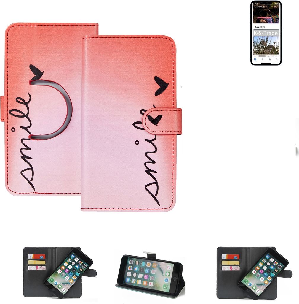K-S-Trade Schutzhülle Handyhülle kompatibel mit Apple iPhone 13 Pro Hülle cover bookstyle Etui ''smile'' rot Standfunktion Kameraschutz (1Stk)