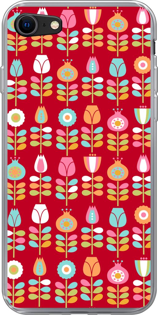 MuchoWow Handyhülle Schutzhülle Hülle für Telefoonhoesje iPhone 8 Muster - Blumen - Retro - Rot Silikon Softcase Handy Hülle - Schutzhaube