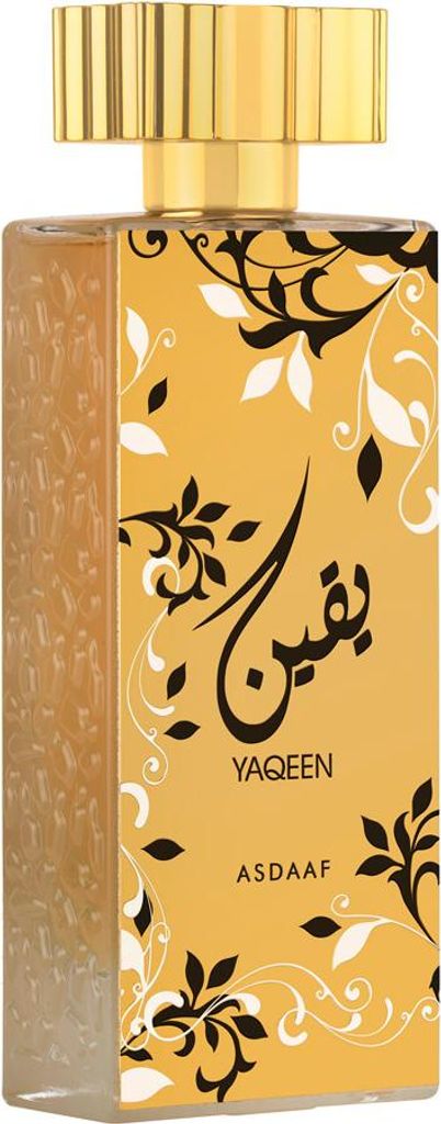 A perfume bottle with a gold cap and a yellow label featuring floral patterns and Arabic calligraphy.