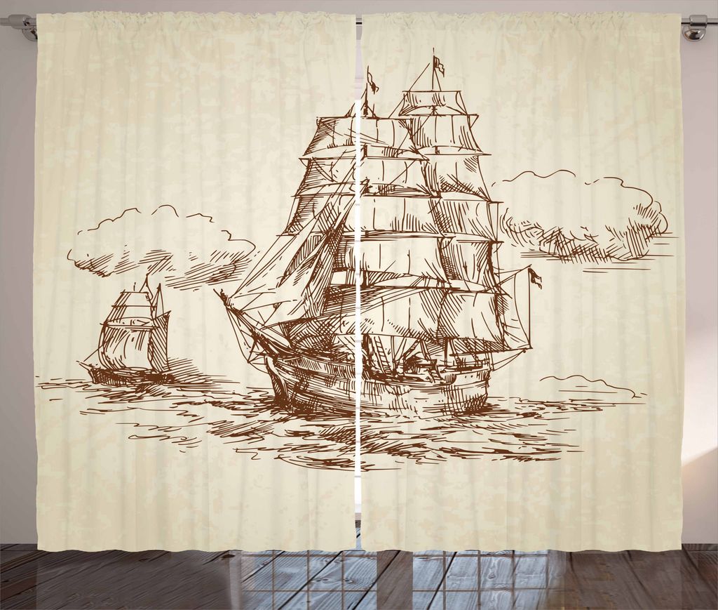 ABAKUHAUS Vintage Boat Rustikaler Vorhang, Old Ship Sketch, Wohnzimmer Universalband Gardinen mit Schlaufen und Haken, 280 x 175 cm, Schokolade Beige