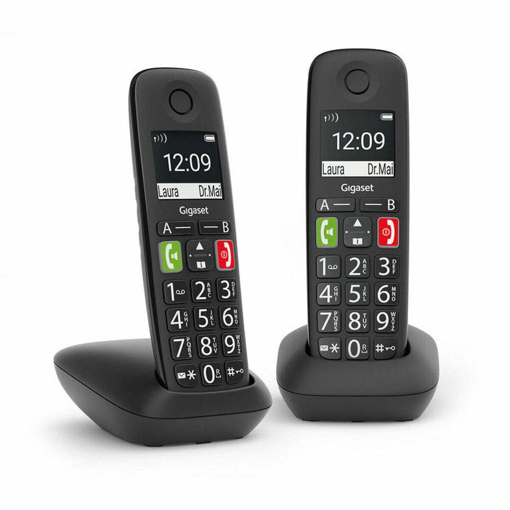 Two Gigaset E290 Duo cordless phones in their charging bases, shown from a diagonal angle against a white background.