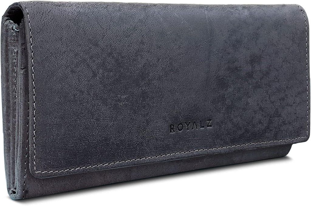 ROYALZ 'Lucia' Vintage Leder Damen Portemonnaie Groß mit RFID Schutz, Reißverschluss, 11 Kartenfächer, Geldbörse Querformat, viele Fächer, Leder