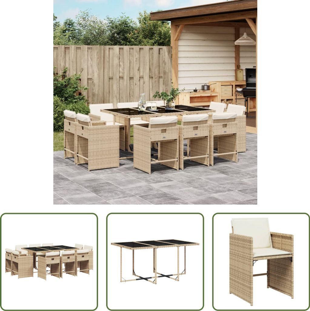 The Living Store 11-tlg. Garten-Essgruppe mit Kissen Beige Poly Rattan