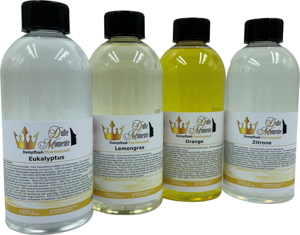 Dufte Momente 4 x 500ml Dampfbad Duft - Eukalyptus, Lemongras, Orange, Zitrone - Konzentrat für Dampfbad, Dampfdusche, Verdampferanlage in - auch...