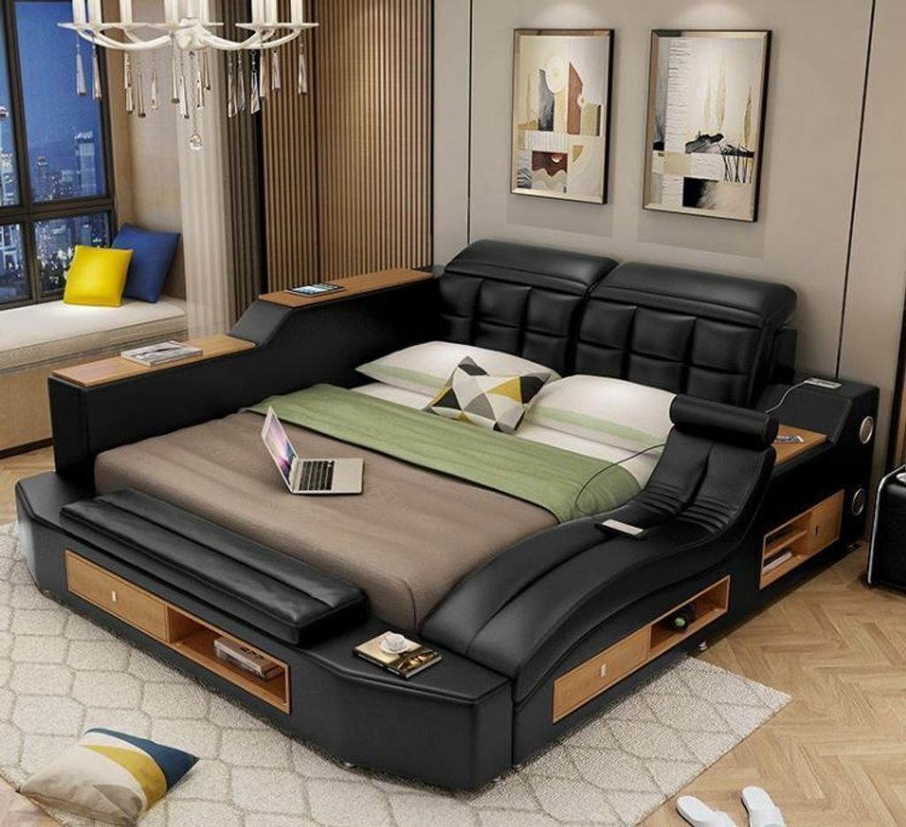 Funktion Bett Doppelbett Lederbett Betten Leder Polster Schlafzimmer Ehe USB LED JVmoebel