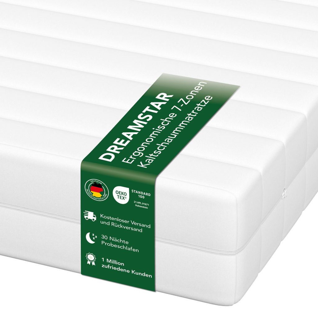 Ergonomische 7-Zonen Kaltschaummatratze | 90 x 190 cm | 16cm | H2 & H3 | DREAMSTAR Easy Flex