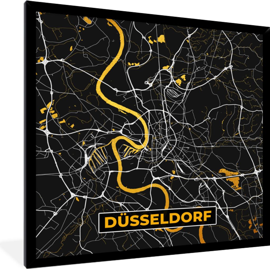 MuchoWow Gerahmtes Poster Düsseldorf - Gold - Stadtplan - Karte - Deutschland 40x40 cm - Poster mit Schwarzem Bilderrahmen Wandposter Rahmen Fot...
