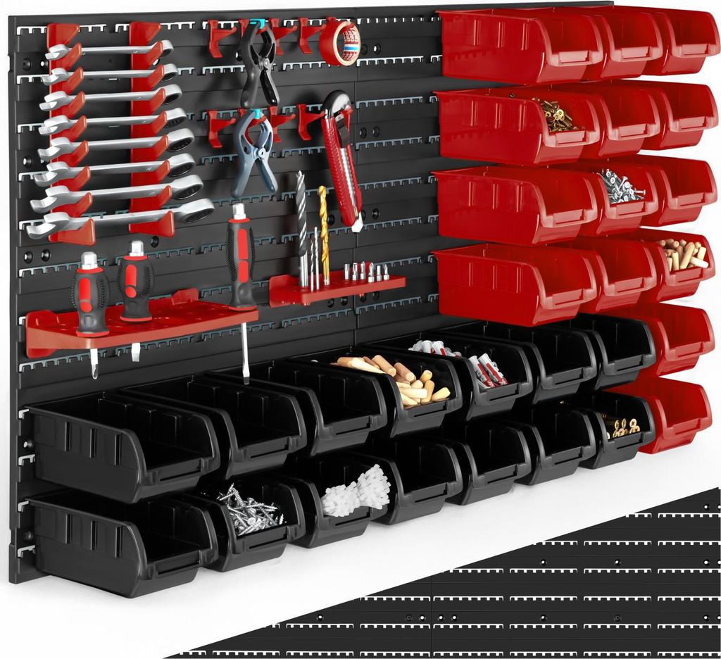A wall-mounted organizer with various tools and storage bins.