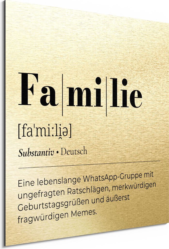 DEQORI Alu-Dibond Bild Gold 50x50 cm 'Familie - Definition' Wandbild Metall dünn Design
